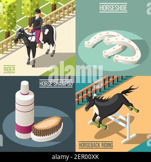 Equestrian sport 2x2 design concept set of horse shampoo horseshoe rider and horseback riding isometric square icons vector illustration Stock Vector