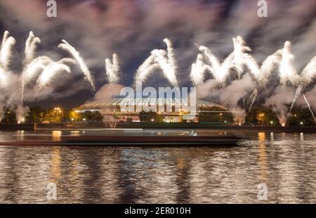 Fireworks on the embankment of the Moskva River near Luzhniki Stadium, Russia. The opening ceremony of the 14th World Championships in Athletics in Mo Stock Photo