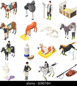 Horse riding isometric set of horses riders jockey accessories and stable staff isolated icons vector illustration Stock Vector