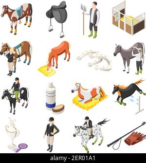 Horse riding isometric set of horses riders jockey accessories and stable staff isolated icons vector illustration Stock Vector