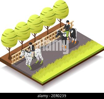 Horse riding isometric composition with riders on horseback in jockey equipment 3d vector illustration Stock Vector