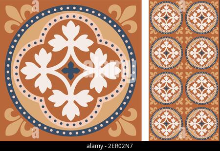 Set of patterned azulejo floor tiles. Abstract geometric background. Vector illustration, seamless mediterranean pattern. Portuguese floor tiles azule Stock Vector