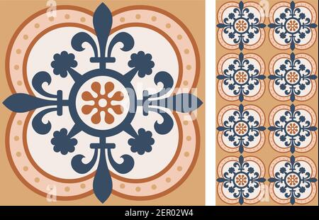 Set of patterned azulejo floor tiles. Abstract geometric background. Vector illustration, seamless mediterranean pattern. Portuguese floor tiles azule Stock Vector