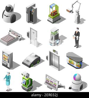 Robotized hotels isometric icons with robot waiter and cleaner personal assistant mechanical bellboy robotic baggage delivery isolated vector illustra Stock Vector