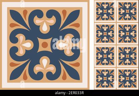 Set of patterned azulejo floor tiles. Abstract geometric background. Vector illustration, seamless mediterranean pattern. Portuguese floor tiles azule Stock Vector