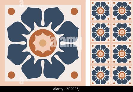 Set of patterned azulejo floor tiles. Abstract geometric background. Vector illustration, seamless mediterranean pattern. Portuguese floor tiles azule Stock Vector