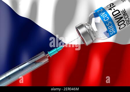 Covid-19, SARS-CoV-2, coronavirus vaccination programme in Czech Republic, vial and syringe - 3D illustration Stock Photo
