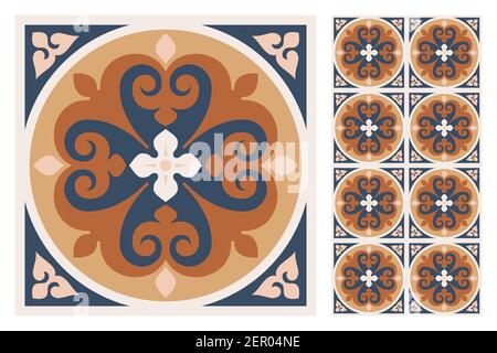 Set of patterned azulejo floor tiles. Abstract geometric background. Vector illustration, seamless mediterranean pattern. Portuguese floor tiles azule Stock Vector
