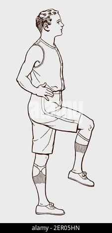 Young man from early 20th century in sportswear raising one leg and holding balance, in side view Stock Vector