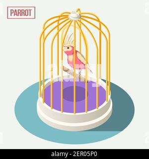 Exotic pets isometric composition with parrot sitting on wooden perch in cage cartoon vector illustration Stock Vector