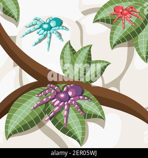 Exotic insect isometric background with colorful spiders sitting on tropic tree leaves cartoon vector illustration Stock Vector