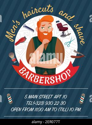 Barber shop cartoon advertising poster on dark background with master and work tools vector illustration Stock Vector