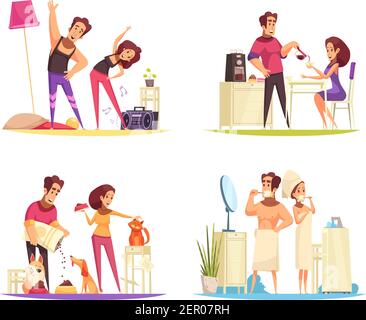 Cartoon 2x2 design concept with couple cleaning teeth having breakfast feeding pets and training in morning isolated vector illustration Stock Vector