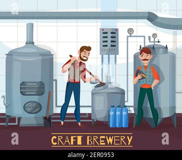 Craft brewery, smiling workers during beer production on industrial equipment cartoon vector illustration Stock Vector
