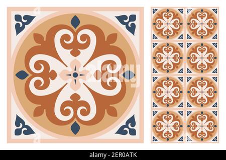 Set of patterned azulejo floor tiles. Abstract geometric background. Vector illustration, seamless mediterranean pattern. Portuguese floor tiles azule Stock Vector