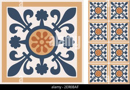 Set of patterned azulejo floor tiles. Abstract geometric background. Vector illustration, seamless mediterranean pattern. Portuguese floor tiles azule Stock Vector