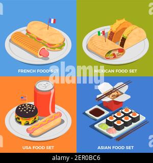 Street food concept icons set with French and Asian food symbols isometric isolated vector illustration Stock Vector