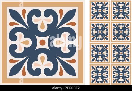 Set of patterned azulejo floor tiles. Abstract geometric background. Vector illustration, seamless mediterranean pattern. Portuguese floor tiles azule Stock Vector