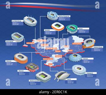 Russia June 2018. Football cup isometric flowchart with stadiums symbols vector illustration Stock Vector