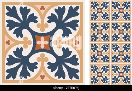 Set of patterned azulejo floor tiles. Abstract geometric background. Vector illustration, seamless mediterranean pattern. Portuguese floor tiles azule Stock Vector