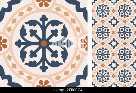 Set of patterned azulejo floor tiles. Abstract geometric background. Vector illustration, seamless mediterranean pattern. Portuguese floor tiles azule Stock Vector
