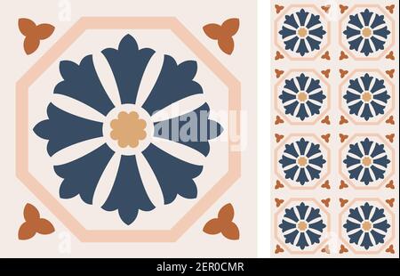 Set of patterned azulejo floor tiles. Abstract geometric background. Vector illustration, seamless mediterranean pattern. Portuguese floor tiles azule Stock Vector
