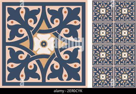 Set of patterned azulejo floor tiles. Abstract geometric background. Vector illustration, seamless mediterranean pattern. Portuguese floor tiles azule Stock Vector