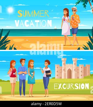 Travel agency two banners with young people walking on summer on beach and listening guide story about historical attractions cartoon vector illustrat Stock Vector