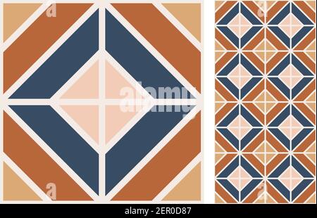 Set of patterned azulejo floor tiles. Abstract geometric background. Vector illustration, seamless mediterranean pattern. Portuguese floor tiles azule Stock Vector