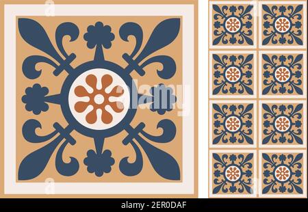 Set of patterned azulejo floor tiles. Abstract geometric background. Vector illustration, seamless mediterranean pattern. Portuguese floor tiles azule Stock Vector