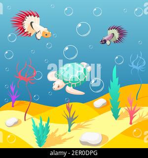 Inhabitants of underwater world isometric background with sand seabed exotic turtle and birds cartoon vector illustration Stock Vector