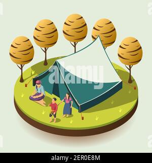 Gypsy camping outdoors design concept with romany family resting near tent isometric  vector illustration Stock Vector