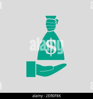 Hand Holding The Money Bag Icon. Green on Gray Background. Vector Illustration. Stock Vector