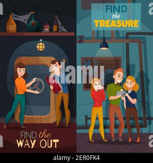 Quest game reality vertical cartoon banners with find way out and search of treasure isolated vector illustration Stock Vector