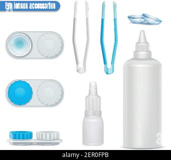 Eye lenses accessories realistic set with isolated images of contact lens cleaning moisturizing and storing rig vector illustration Stock Vector