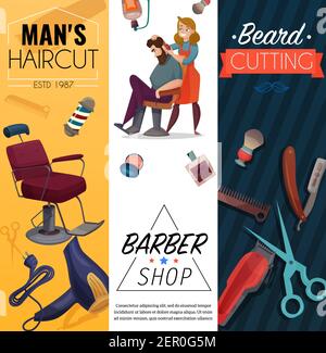Barber shop vertical cartoon banners, mens coiffures, master and customer, work tools, beard cutting, isolated vector illustration Stock Vector