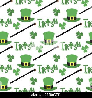 Vector seamless pattern Happy St. Patrick's Day illustration Ireland Shamrock Clover leaf Shillelagh walking stick Lettering Irish Holiday Party Festi Stock Vector