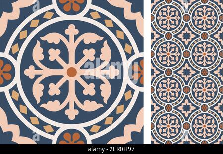 Set of patterned azulejo floor tiles. Abstract geometric background. Vector illustration, seamless mediterranean pattern. Portuguese floor tiles azule Stock Vector
