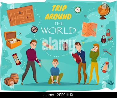 Quest in reality cartoon poster with human characters, game elements, world map on turquoise background vector illustration Stock Vector