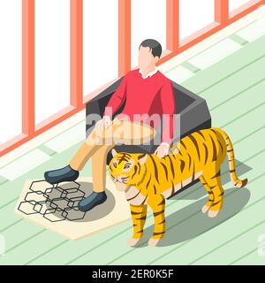 Rich people isometric background with wealthy man sitting in chair patting tiger standing near vector illustration Stock Vector