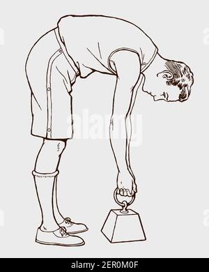 Young man from early 20th century bending down and trying to lift a weight with both hands Stock Vector