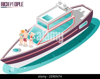 Rich life isometric composition with young people in swimsuits traveling on yacht vector illustration Stock Vector