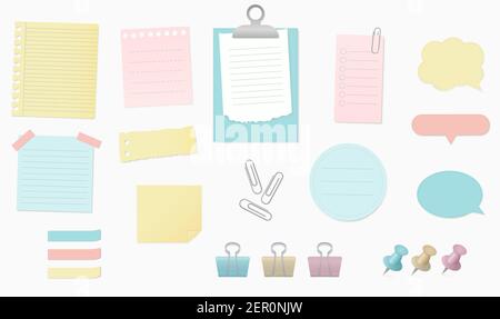 Paper banners notes set with sticky tapes, pins, clips and scotch. Vector illustration Stock Vector