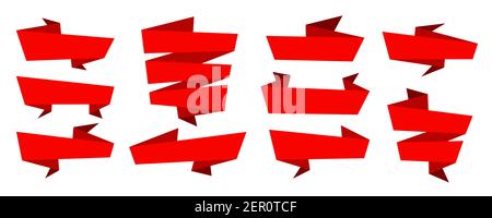 Set flat red ribbons banners isolated on white background. Illustration set of red tape. Collection vector flags, decorative elements, labels Stock Vector