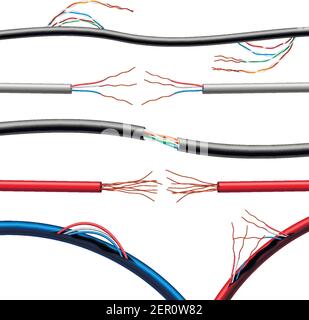 Set of realistic damaged electric cables of various diameter and color with sticking wires isolated vector illustration Stock Vector
