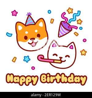 Cute cartoon cat and dog character celebrating on birthday party. Happy birthday greeting card design. Kawaii vector illustration. Stock Vector