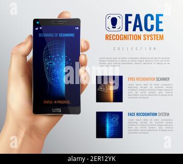 Face identification background with image of facial scanner smartphone app human hand and editable text description vector illustration Stock Vector