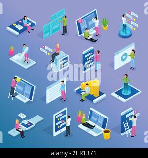 People and interfaces isometric icons collection with isolated conceptual icons electronic gadgets human characters and pictograms vector illustration Stock Vector