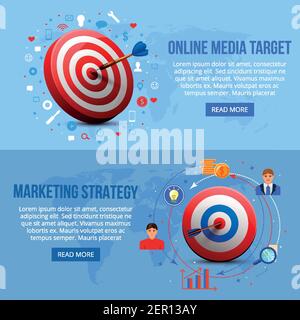 Horizontal banners with realistic aims for online media targeting and marketing strategy, blue background isolated vector illustration Stock Vector