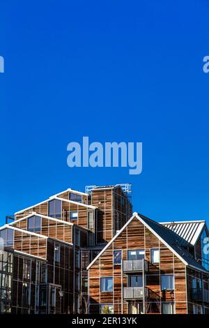 Residential building with timber cladding (Island House on Three Mills Lane) in Mill Meads, Newham, London, UK Stock Photo